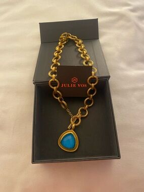 Julie Vos Gold Link Necklace with Turquoise Pendant